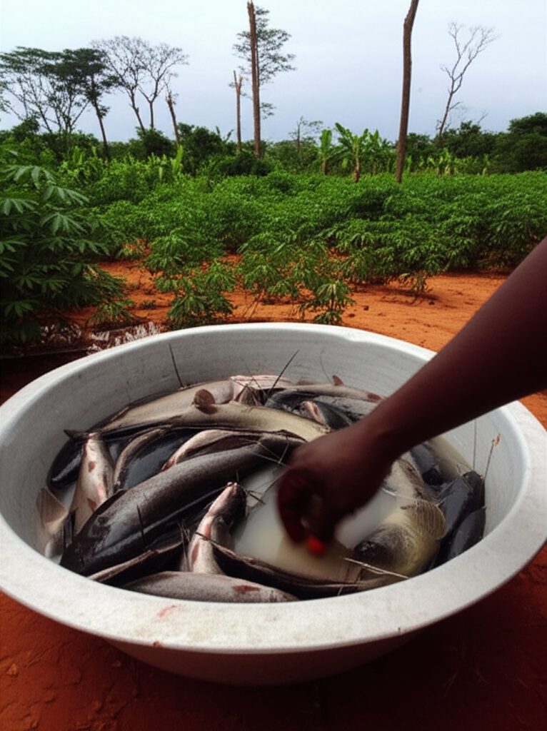 Freshly harvested catfish packed in a basin — the model works