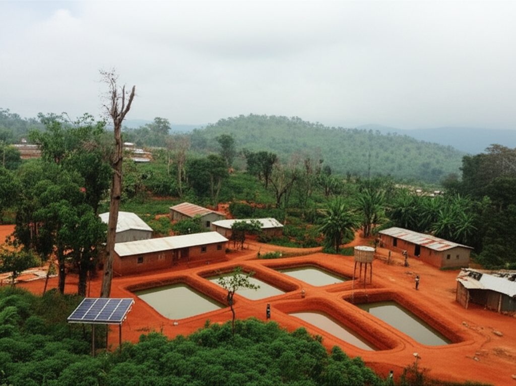 Aerial overview — fish ponds, community, forest — all interconnected