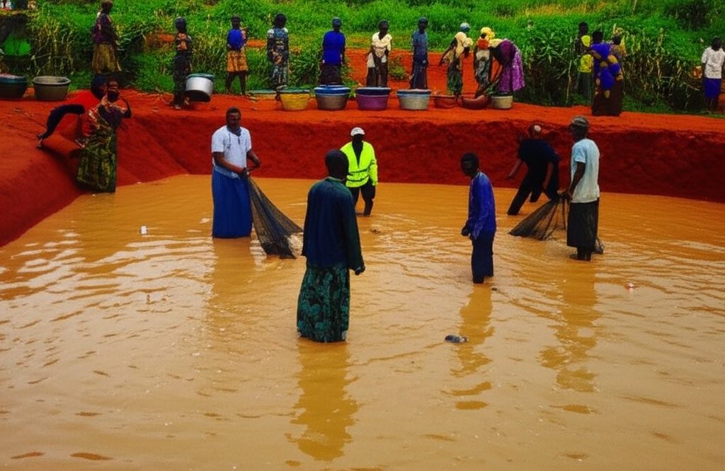 Community members harvesting catfish from a pond — nets in hand, basins waiting on the red embankment