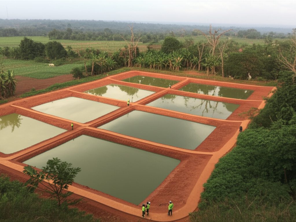 Aerial view of 10 fish ponds carved into red laterite earth
