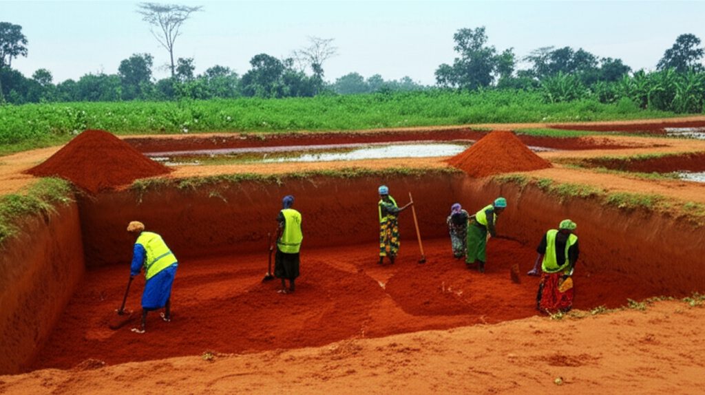 Workers digging fish ponds by hand — the scale of manual labour that builds self-sufficiency