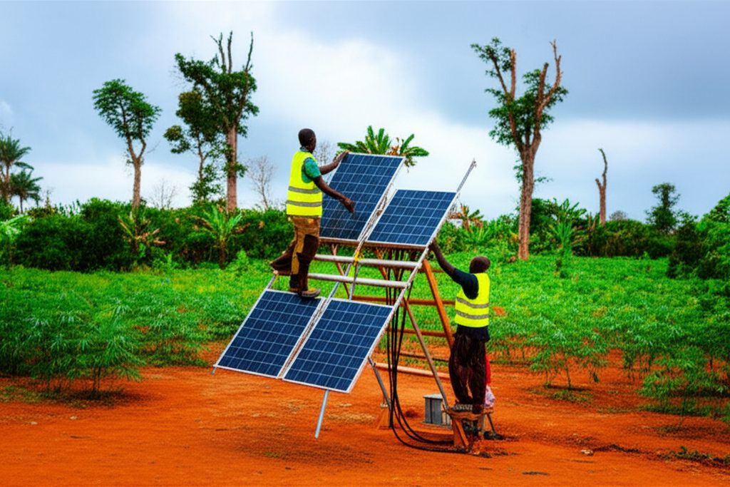 Solar panel installation powering the borehole pump — clean energy for clean water